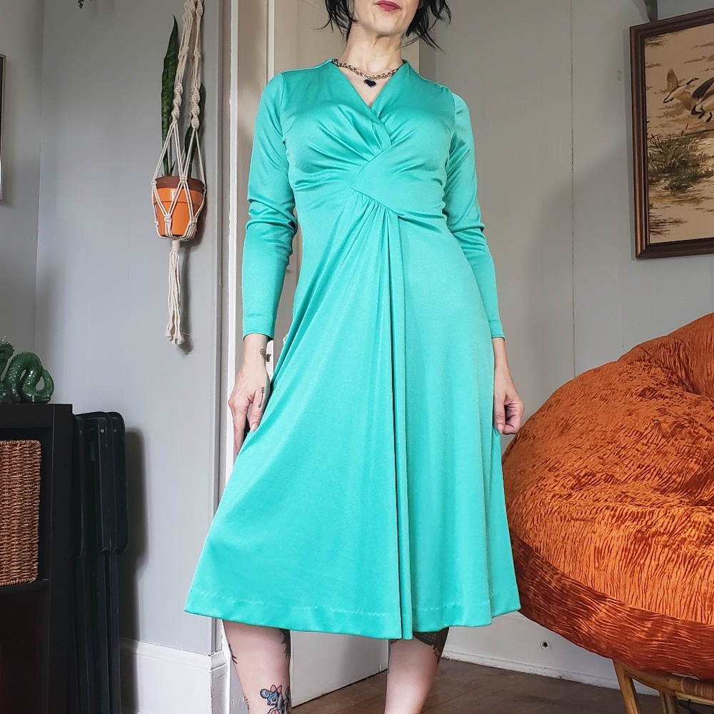 1970s Vintage Seafoam Green Handmade Long-sleeve Midi Dress Medium 70s Retro - Picture 9 of 13
